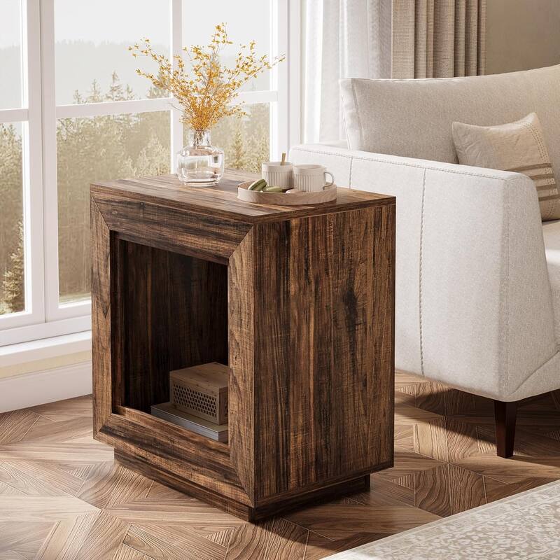 24" Rustic 2-Tier End Table, Side Table with Storage Shelf, Sofa Nightstand for Living Room, Bedroom, Entryway