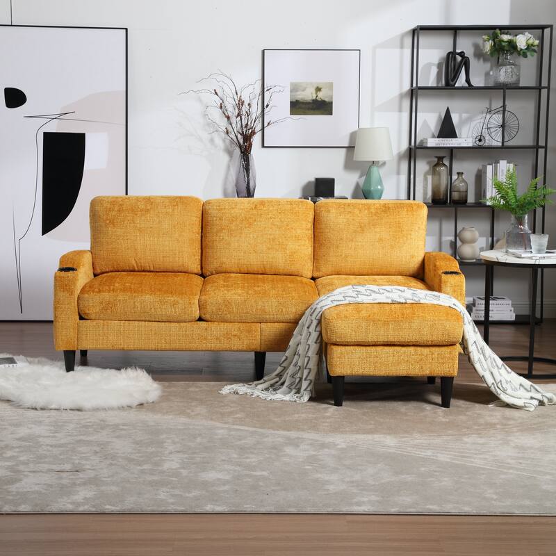 Modular Sectional Sofa with Storage Ottoman, Comfy Chenille Fabric Sofa, 3-Seater Sofa with Side Pockets & 2 Cup Holders - Yellow