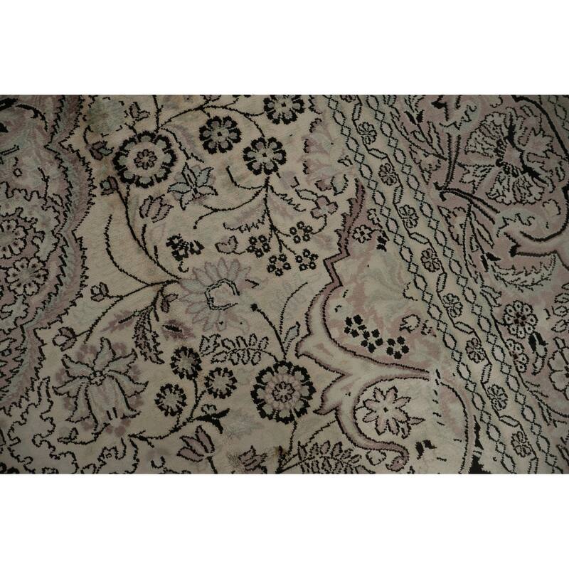 Hand Knotted Oriental Silk Carpet Traditional Floral Beige & Ivories Kashmir Area Rug - 10' 3'' X 7' 0''