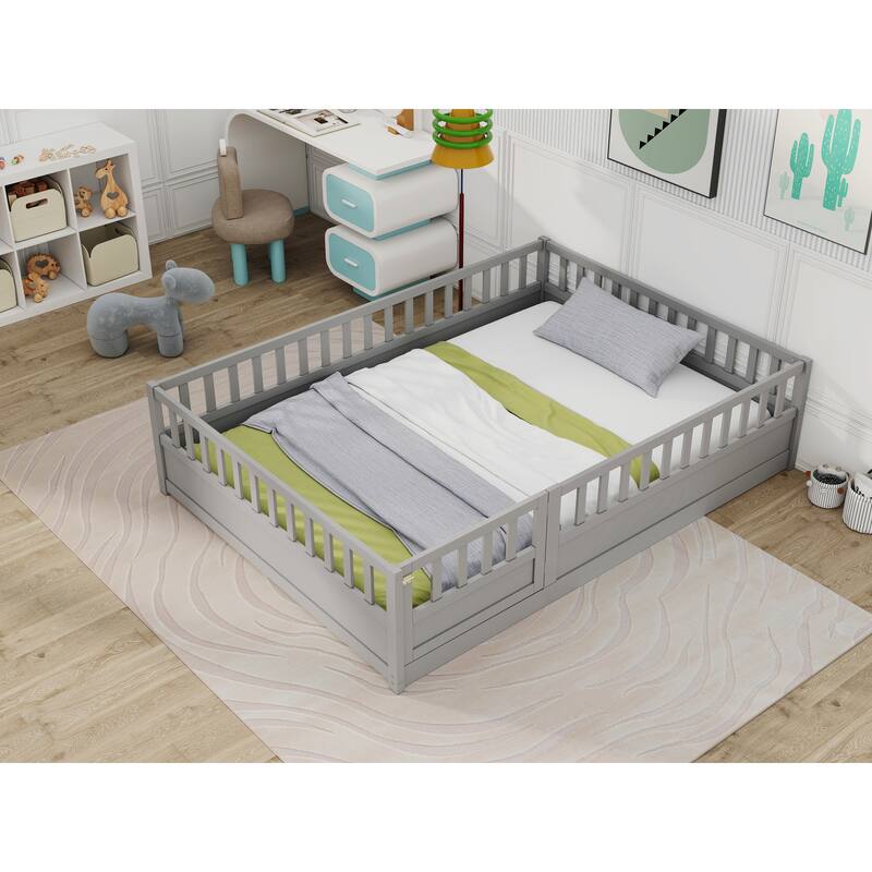 Full Size Floor Bed with High Security Barrier, Montessori Wooden Bed Frame, Grey