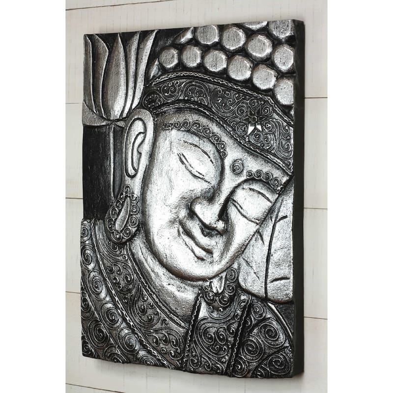 16" Silver Buddha Wall Panel Hand Carved Decorative Wood Relief, Zen Spiritual Wall Art