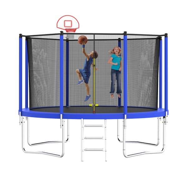 slide 2 of 7, Trampoline with Basketball Hoop and Ball ,Recreational Trampolines with Safety Enclosure Kids
