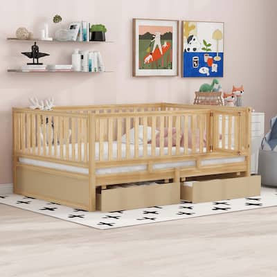 Full Size Wood Daybed with Fence Guardrails and 2 Drawers