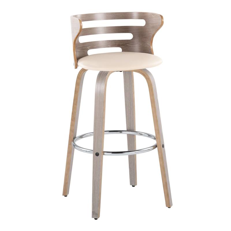 Carson Carrington Cranagh 30" Fixed-Height Bar Stool with Bent Wood Legs & Round Footrest (Set of 2) - Cream Faux Leather/Light Grey/Chrome