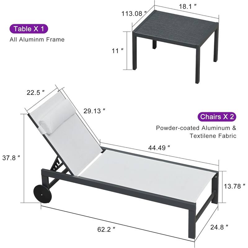 PURPLE LEAF Lounge Chair Set for Outside Aluminum Patio Recliner with Side Table and Pillow Beach Sunbathing Tanning Chairs