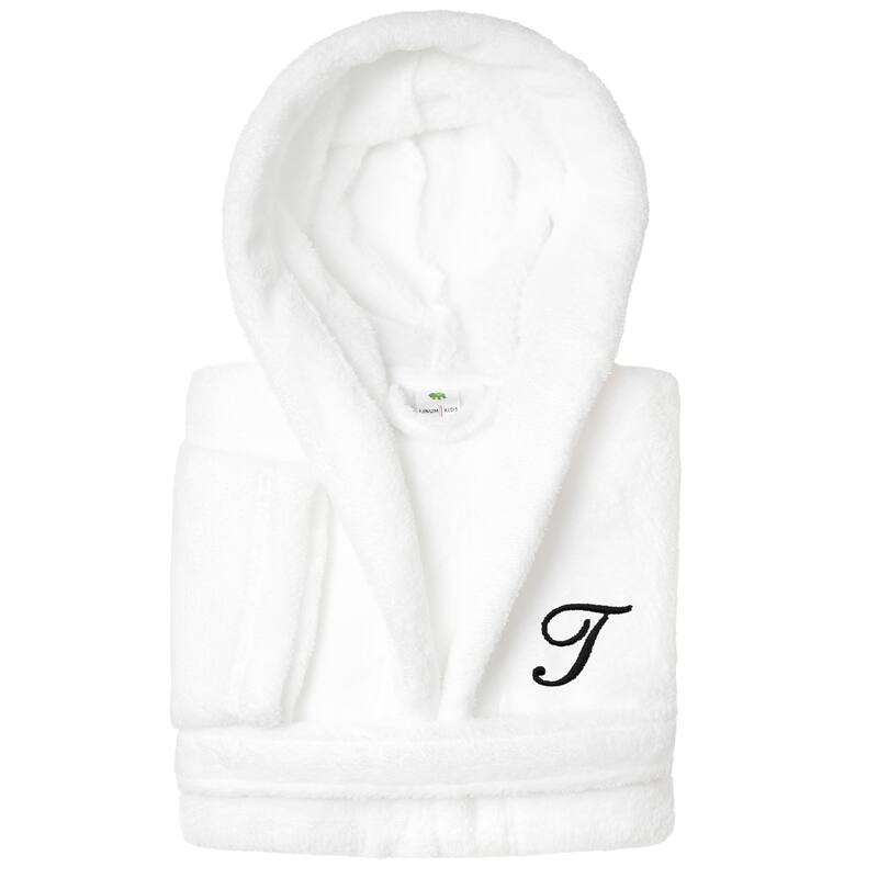 Sweet Kids 100% Polyester SUPER PLUSH Double Brushed Hooded Bathrobe with Black Script Monogram - Small - T
