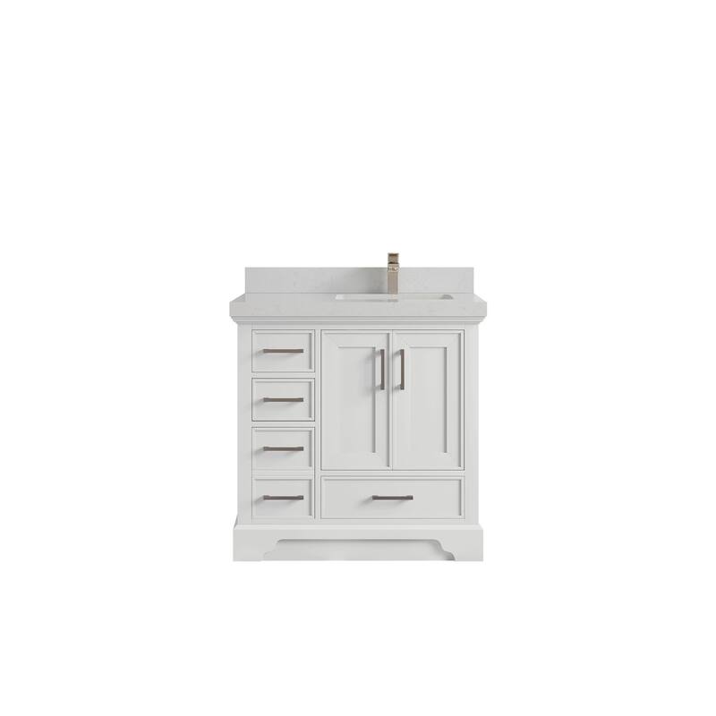 Willow Collections 36 x 22 Charlotte D Right Offset Sink Bathroom Vanity with Countertop - 2”Carrara Quartz - White