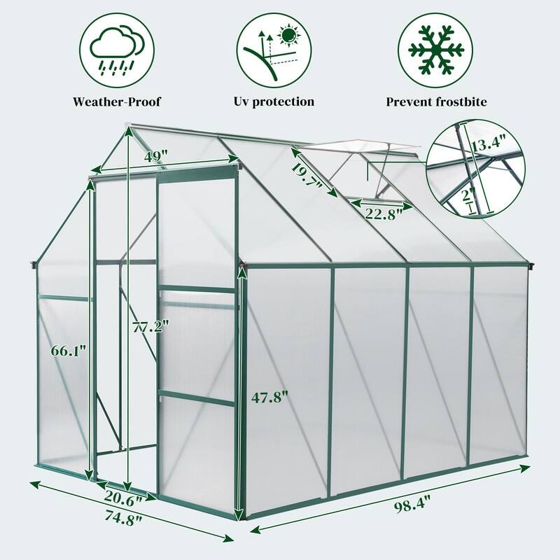8x6 FT Walk-in Greenhouse With Sliding Door and Vent Window Grey Frame