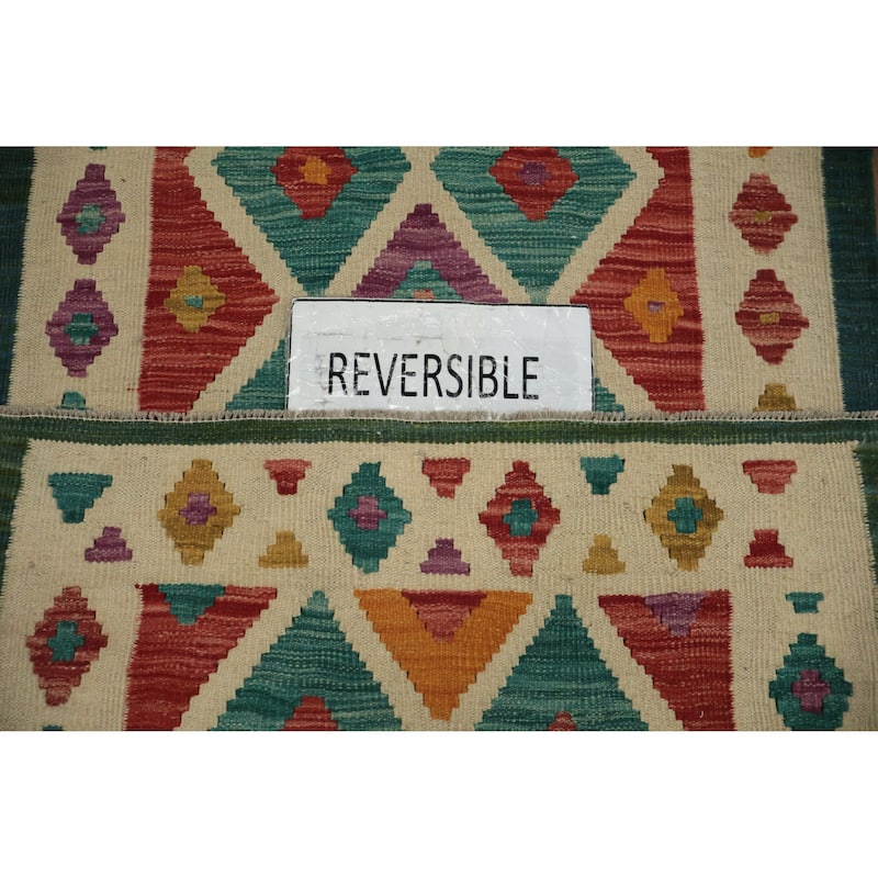 Hand Woven Oriental 100% Wool Carpet Southwestern Modern Green Kilim Runner Rug - 8' 10'' X 2' 7''