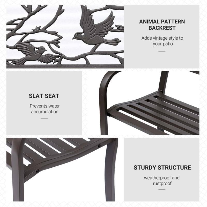 Outdoor Steel and Cast Iron Garden Bench with Animal Pattern Back Double Seat Patio Bench for Yard Porch and Garden