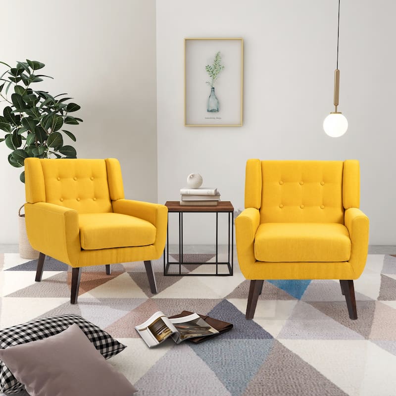 Modern Upholstered Faux Leather Tufted Armchair Linen Accent Chairs - Set of 2 Chairs - Yellow/Linen