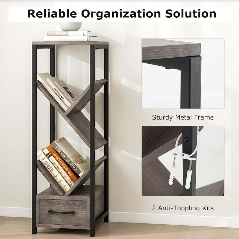 4-Tier Floor Standing Bookcase Wood Tree Bookshelf w/ Drawer