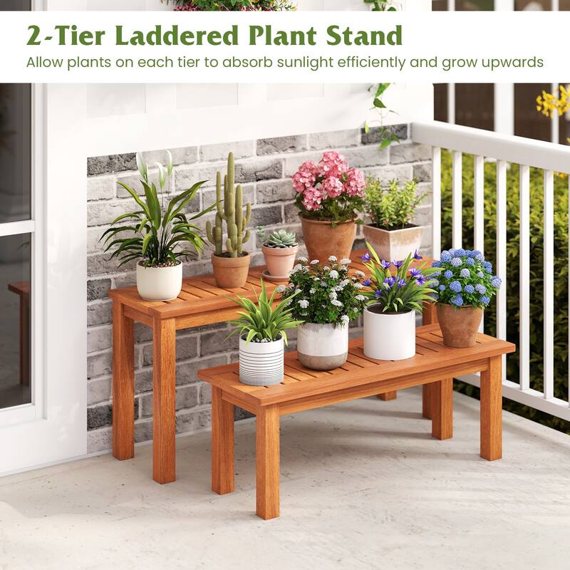 Gymax Wooden Plant Stand Set of 2 w/ Teak Oil Finish Slatted Top