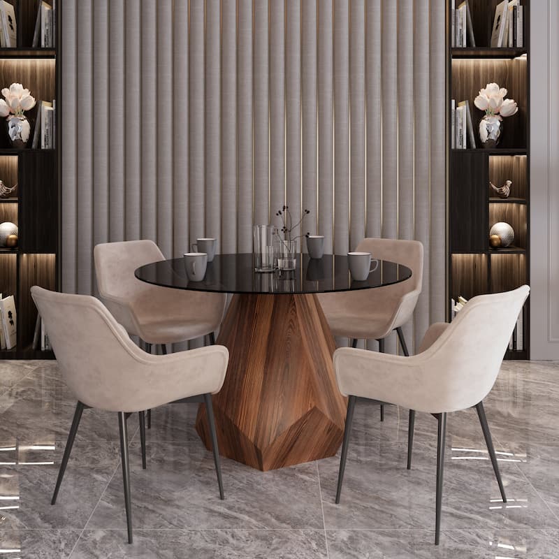 Nebo Round 47" Tempered Glass or Sintered Stone Top Dining Table with Geometric Design Ashwood Pedestal Base Kitchen Table