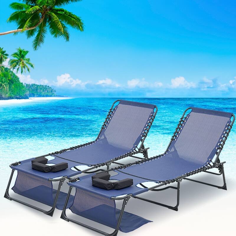 Face Down Chaise Lounge Chair 5-Position Adjustable Sunbathing, Foldable Tanning Chair with Fac, Beach(2 Pcs) - Dark Blue