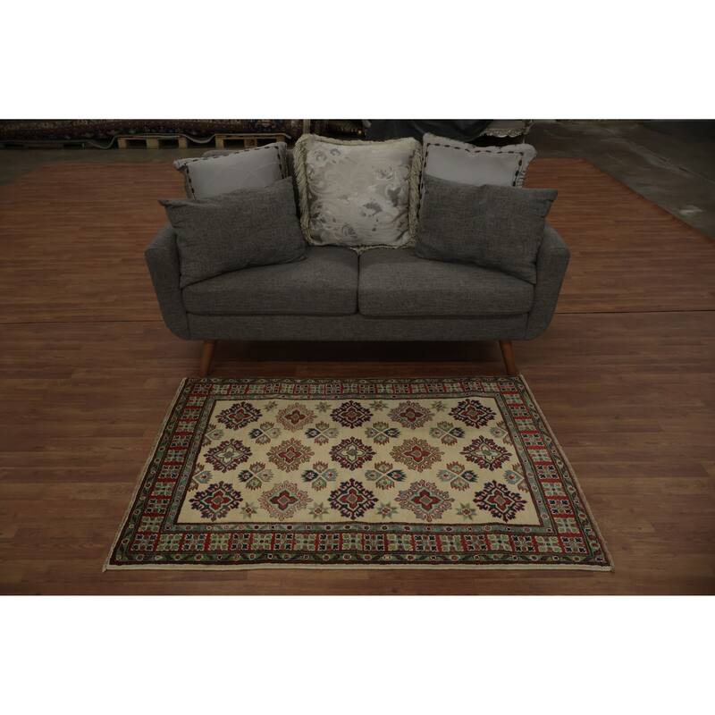 Hand Knotted Oriental 100% Wool Carpet Traditional Geometric Beige & Ivories Kazak Area Rug - 4' 11'' X 3' 4''
