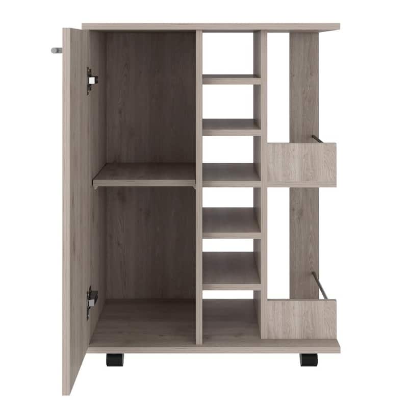 Bar Cart, Four Casters, Single Door Cabinet, Two External Shelves, Light Gray