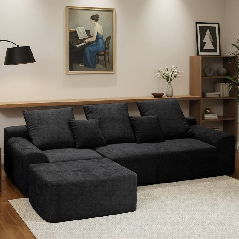 L-Shaped Modular Sectional Sofa with Ottoman, Melange Chenille Fabric Cloud Sofa, Upholstered 4 Seat Sofa with Pillows