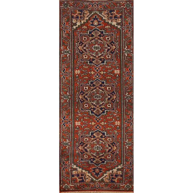 Geometric Heriz Serapi Runner Rug Hand-Knotted Traditional Wool Carpet - 2'6" x 7'10"