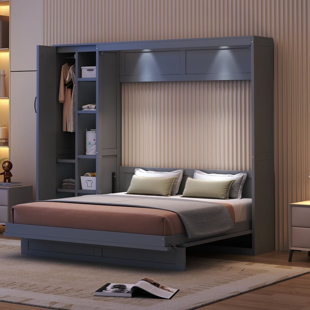 Murphy Bed Wall Bed with Shelves, Wardrobe and LED Lights