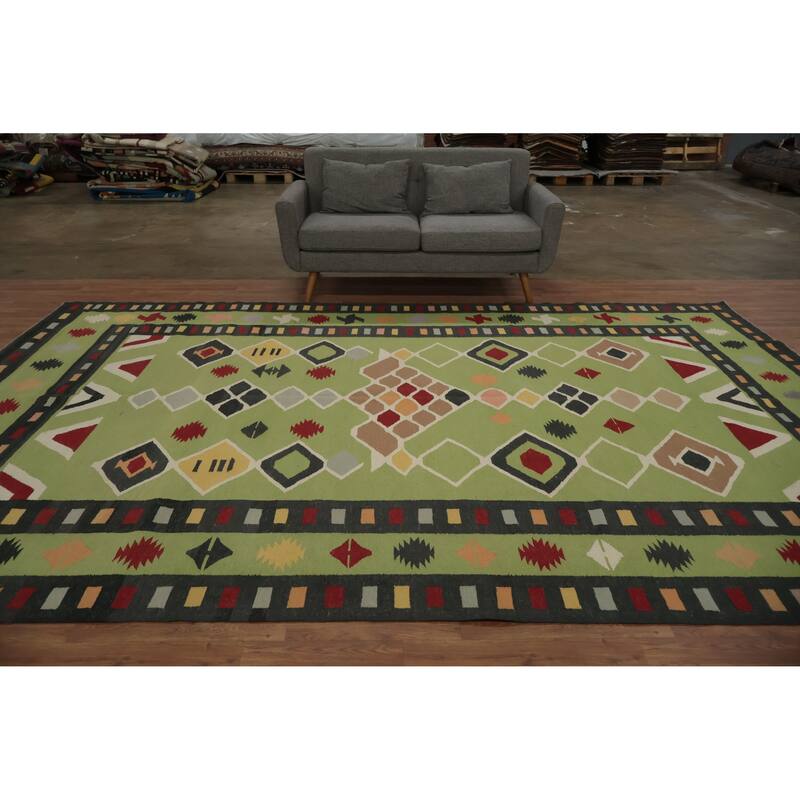 Hand Woven Oriental 100% Wool Carpet Southwestern Tribal Green Kilim Area Rug - 13' 2'' X 8' 7''