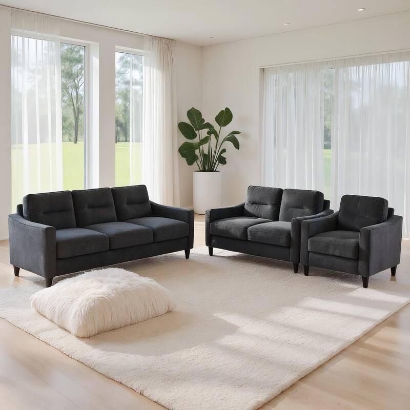 Modern Velvet Upholstered 3 Set Sectional Couches 3-Seater Sofa Loveseat and Single Chair with Solid Wood Frame
