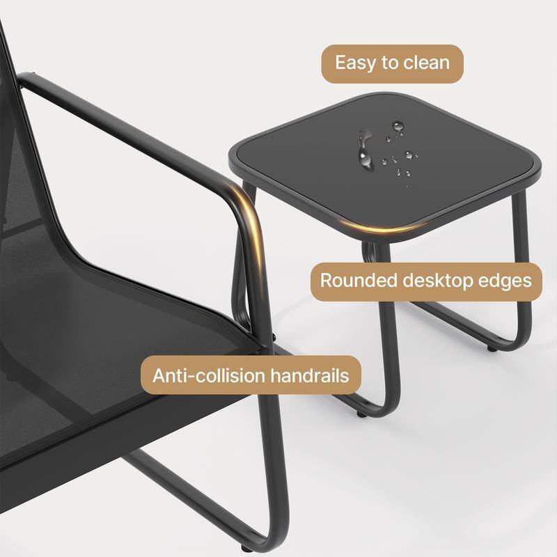 Outdoor 3 Piece Swinging Patio Bistro Table and Chair Set, Garden Furniture Set with Metal Frame Glass Table