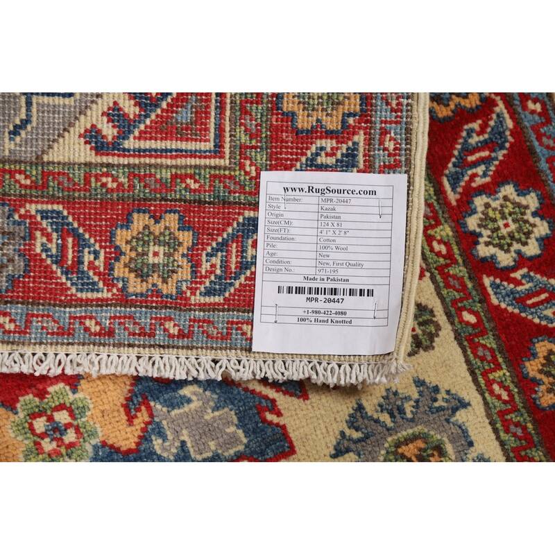 Geometric Kazak Foyer Rug Handmade Beige Wool Carpet - 2'8"x 4'1"