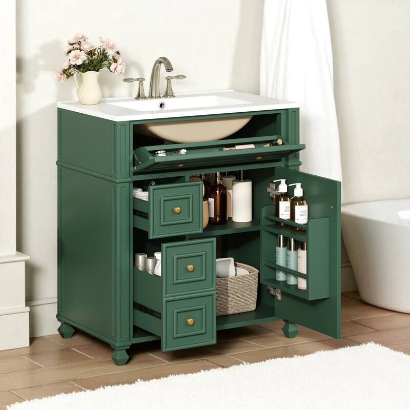 30" Bathroom Vanity with Ceramic Sink Basin, Soft Close Doors, Adjustable Shelf and Door Organizer Cabinet