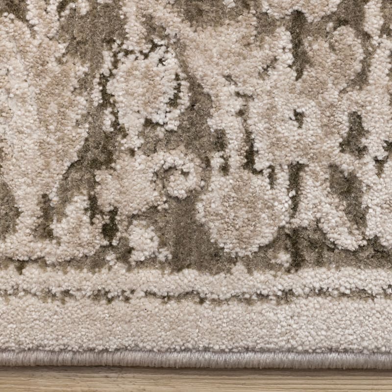 Taupe White Green Elegant Classic Textured Rug