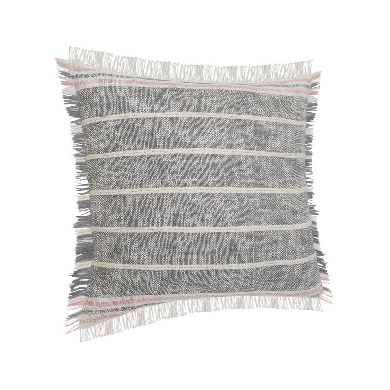 20" Gray and White Striped Square Throw Pillow with Fringes