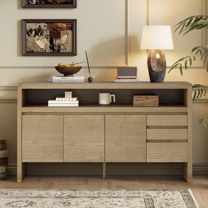 Modern 60" 3-Door Sideboard with 3 Drawers Solid Ash Veneer and Multi-Function Semi-Open Shelf