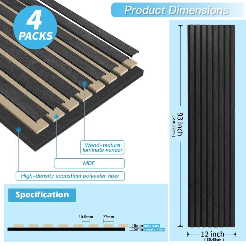 4 Panels 93"x12" MDF Slat 3D Wall Paneling Cover 31 Sq.Ft. - N/A