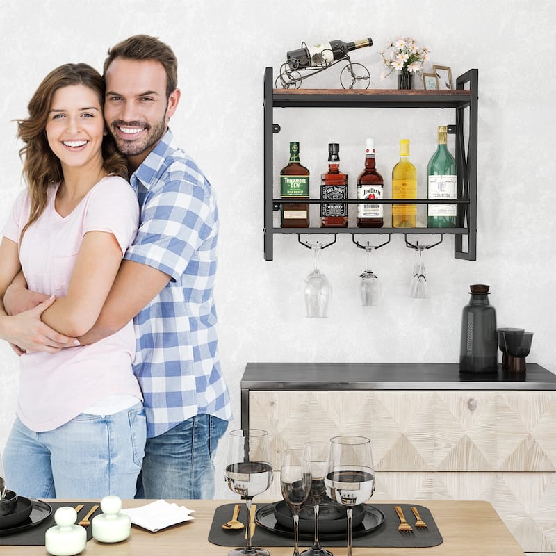 Wall Wine Rack with 2-Tier Shelves & 3 Glass Holders, Stylish and Functional Storage Solution - 23.5" x 8" x 21.5"