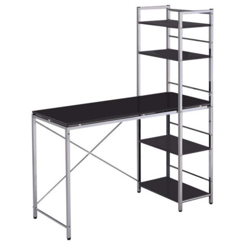 Black Wood Top Computer Desk with Silver Metal H-Shape Base and Shelving - Black and Silver