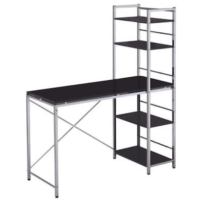 Black Wood Top Computer Desk with Silver Metal H-Shape Base and Shelving