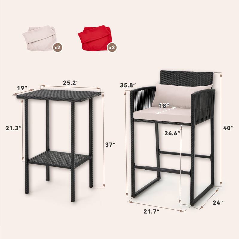 AVAWING 3PCS Patio Wicker Bar Set with Extra Cushion Cover
