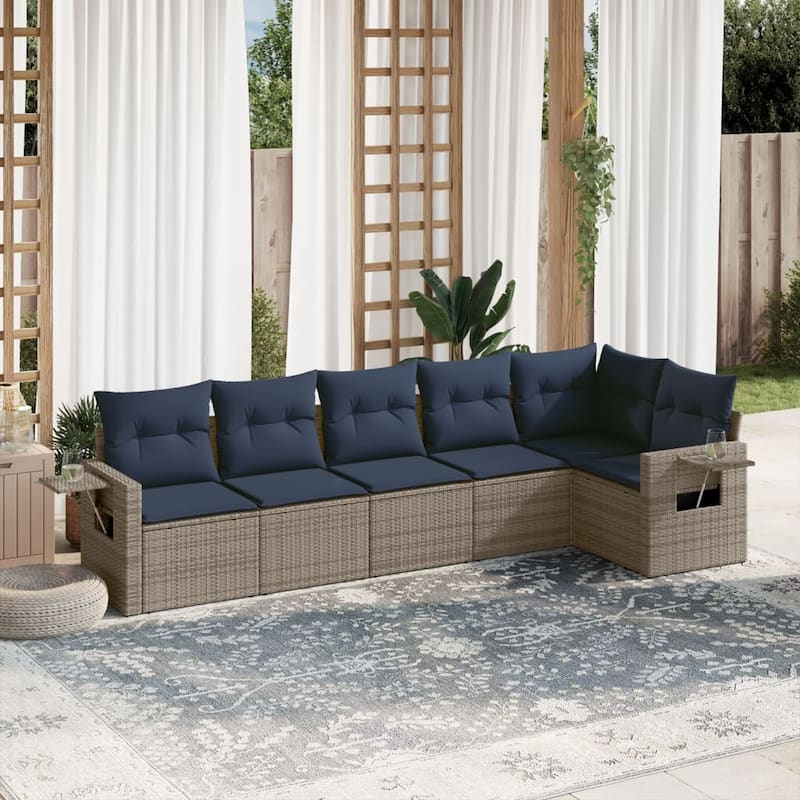 vidaXL Patio Sofa Set with Cushions Outdoor Conversation Furniture Poly Rattan - 24.4 x 24.4 x 27.2 - Grey and Blue-Without table