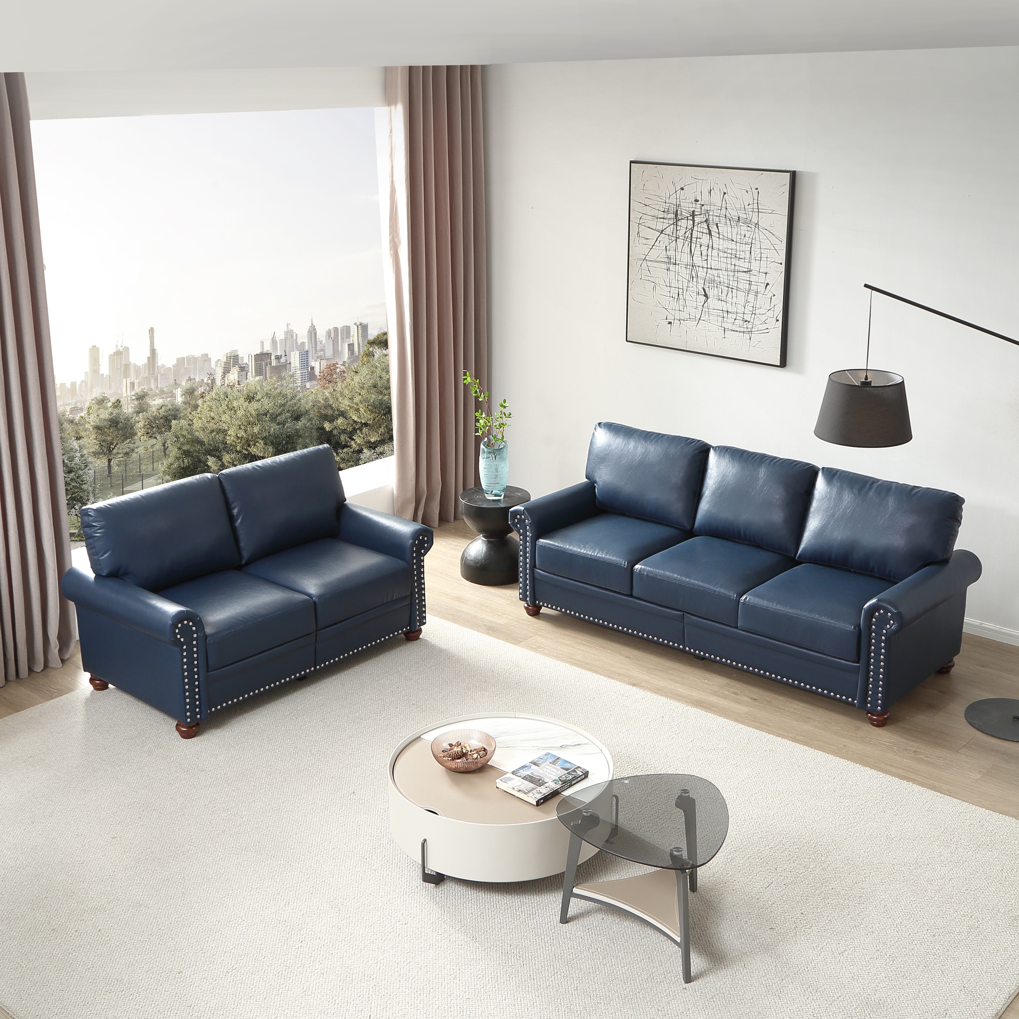 Livingroom Navy Blue Faux Leather Sectional Sofa Sets w/ Storage