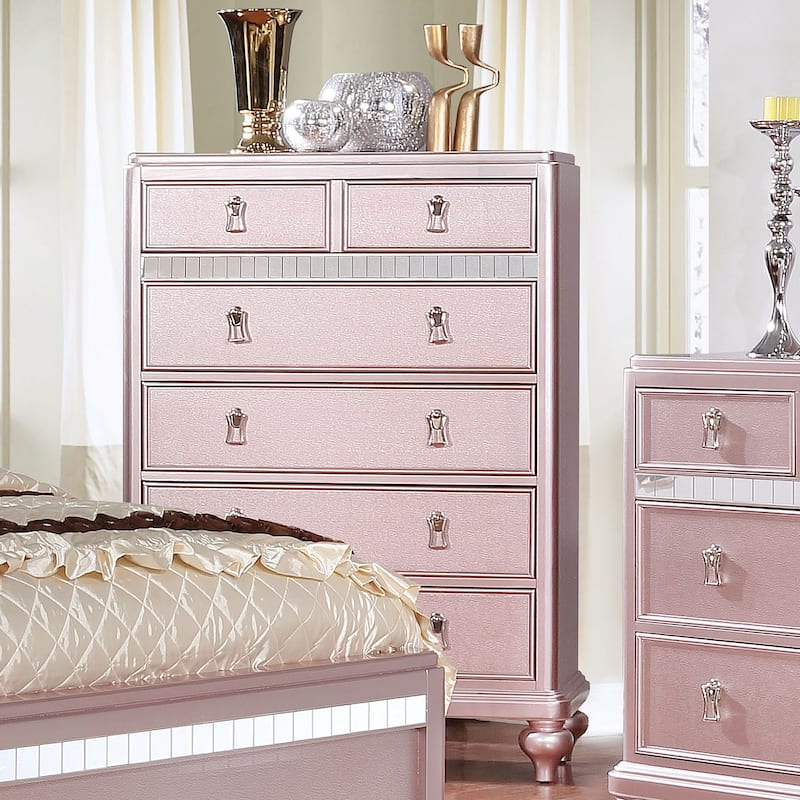 Furniture of America Dzhebel Contemporary Pink 2-Piece Faux Leather Tufted Headboard Panel Bed and Chest Set