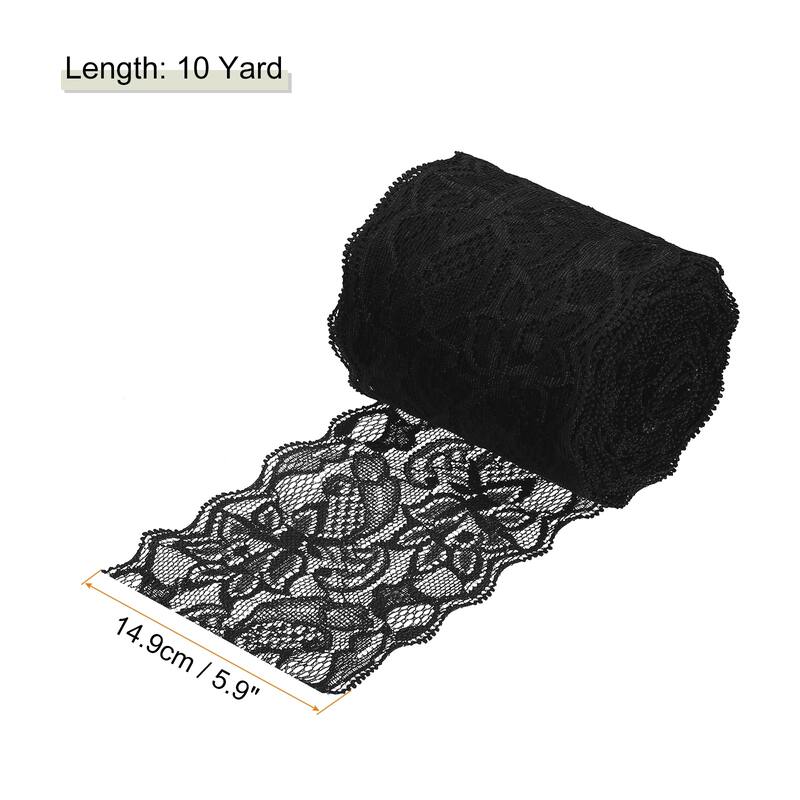 3 Inch Wide 10 Yard Lace Ribbon Floral Pattern Yellow Lace Trim Ribbon - Black