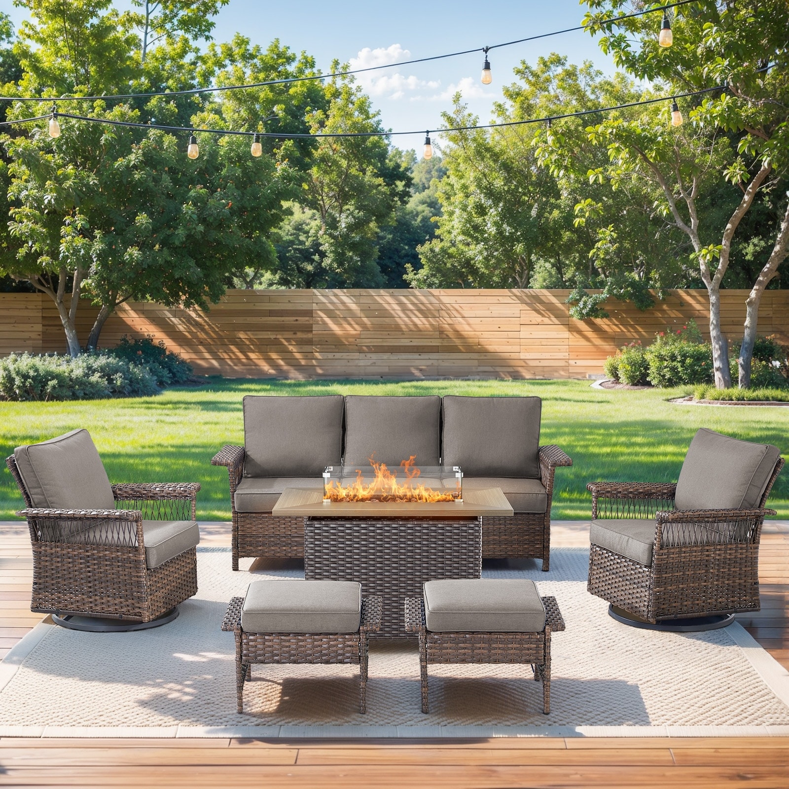 Pocassy 41 in Fire Table with Patio Sofa Swivel Chair Ottoman