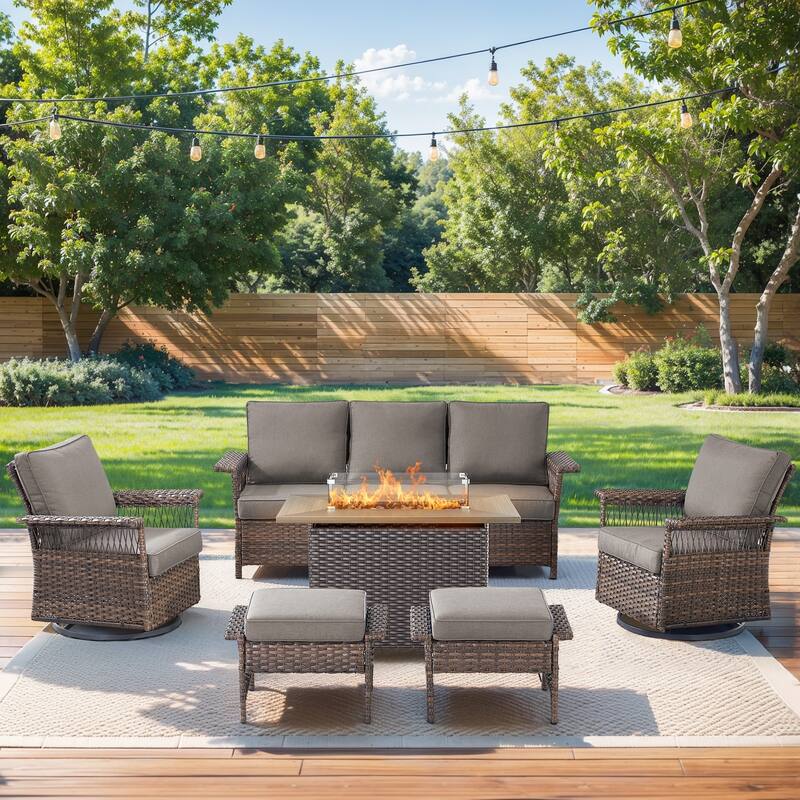 Pocassy 41 in Fire Table with Patio Sofa Swivel Chair Ottoman - Brown Wicker Gray Cushion - 6-Piece Sofa Swivel Chair Ottoman with Fire Table
