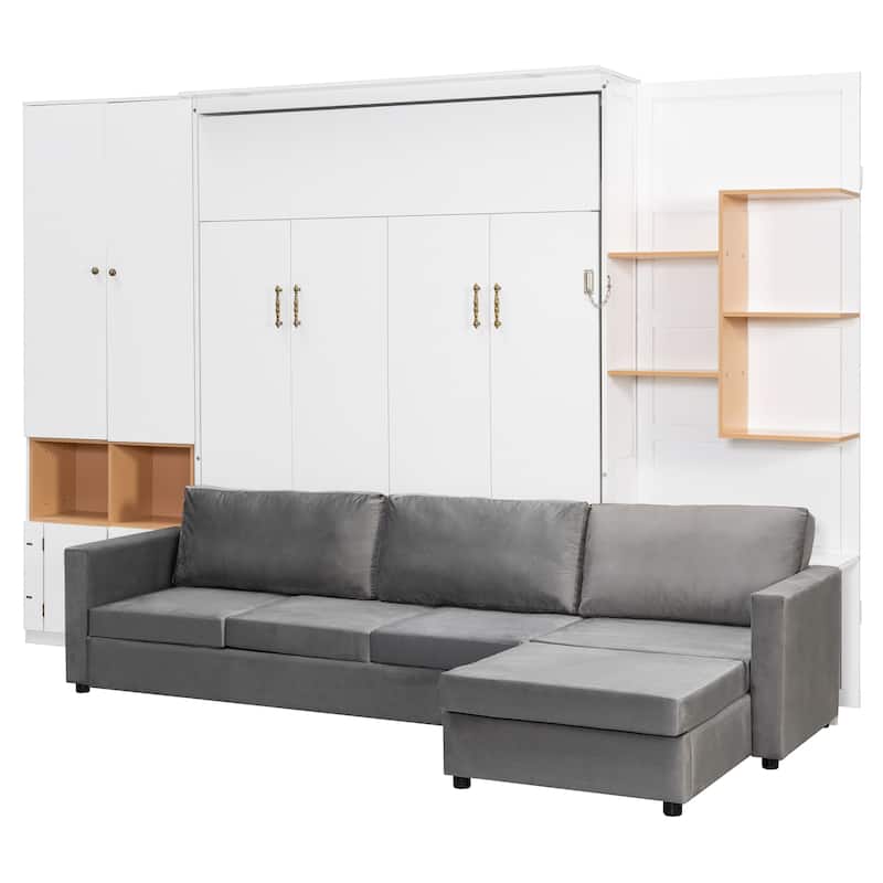 Queen Murphy Bed with Sofa and Cabinets Space Saving Sofa Wall Bed with Open Shelves and Dual Lights for Living Room Guest Room