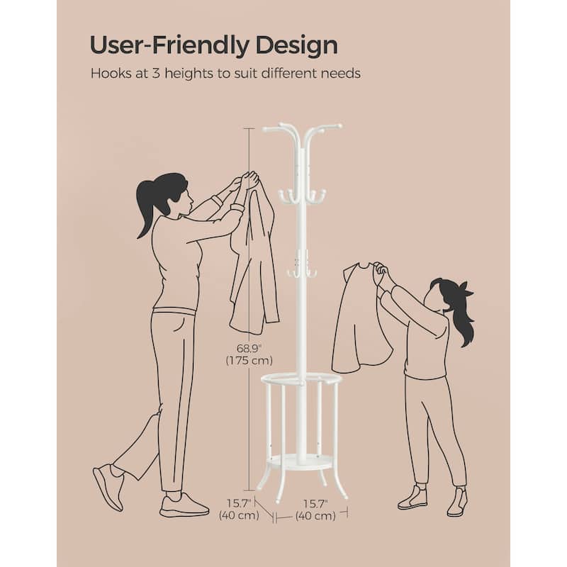 Modern Tall Freestanding Coat Rack with Metal Frame and Umbrella Holder for Home and Office - 15.7"D x 15.7"W x 68.9"H