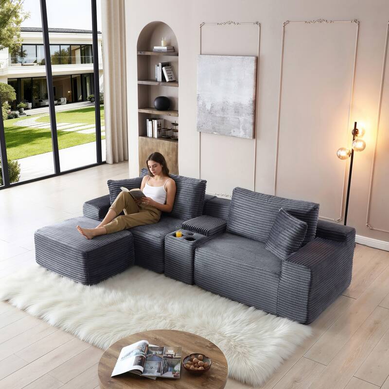 111" L-Shaped Corduroy Boneless Sectional Sofa with Ottoman