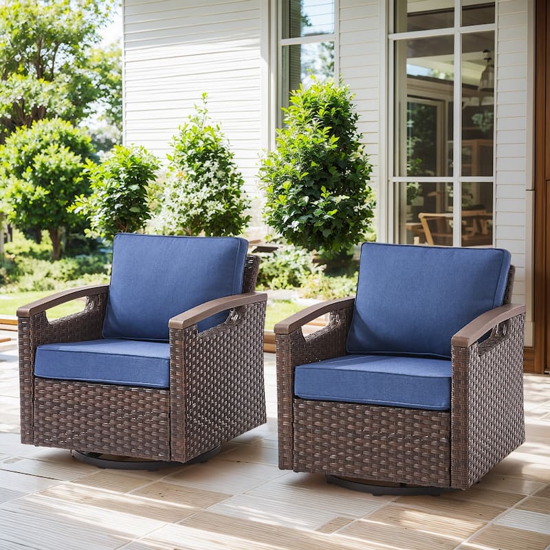 Outdoor 360° Swivel Chair with Blue Cushion - Brwon Wicker Blue Cushion