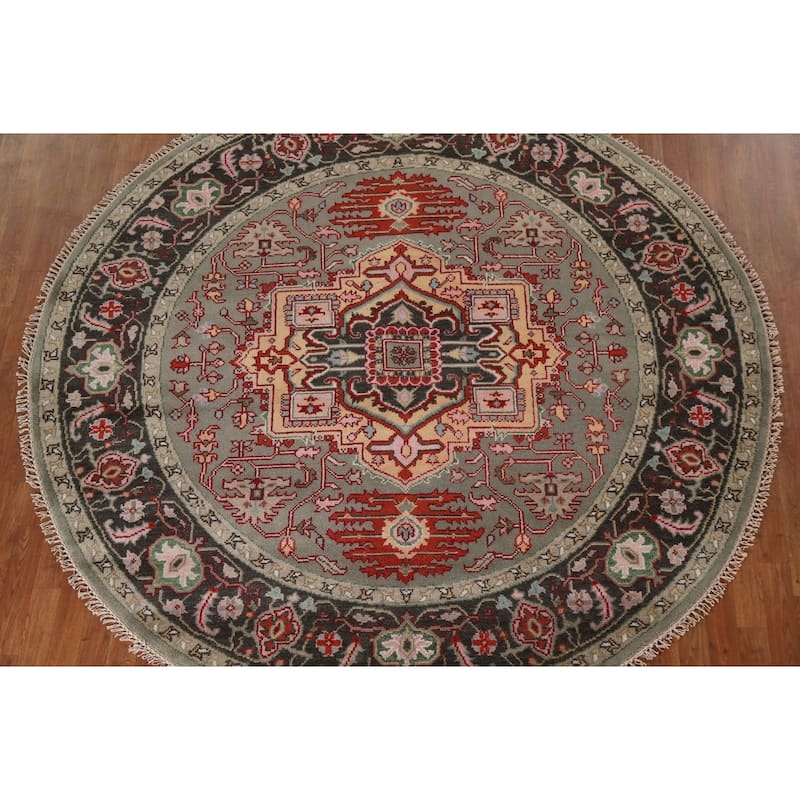 Geometric Heriz Serapi Oriental Round Area Rug Handmade Wool Carpet - 7'10"x 7'11"