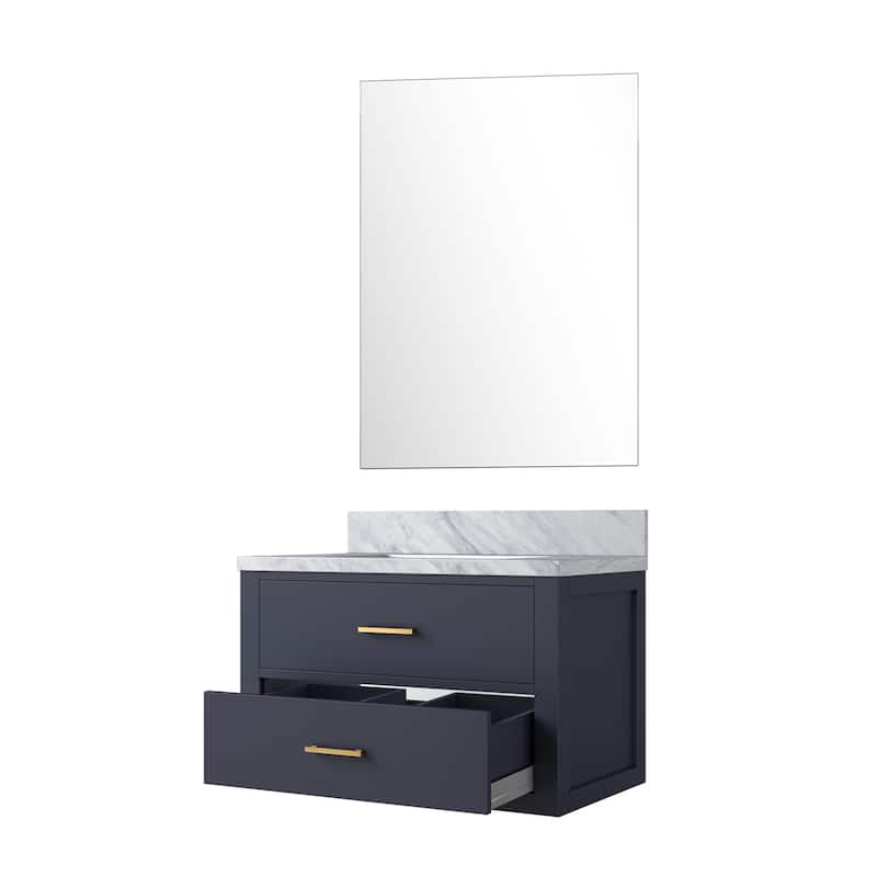 Black Bath Vanity 30" W x 22" D, Cultured Marble Countertop, Soft Close Cabinet, and 28" Frameless Mirror