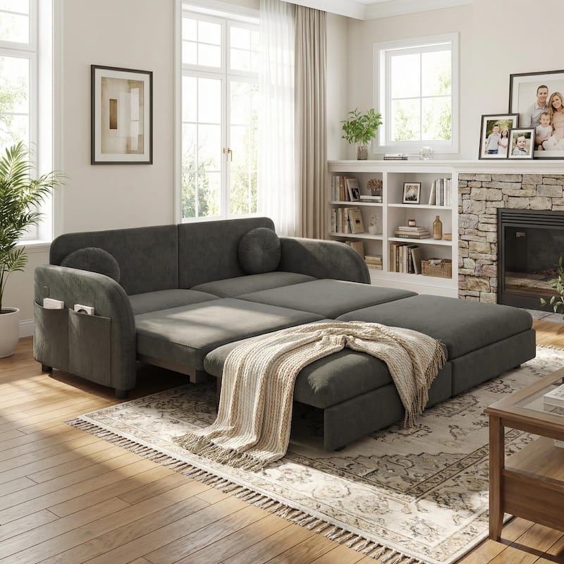 Homy Casa 3-in-1 Convertible Sleeper Sofa Bed, Pull-Out Couch w/ USB, Side Pocket & 4 Pillows, Chenille, 2/3/4-Seat